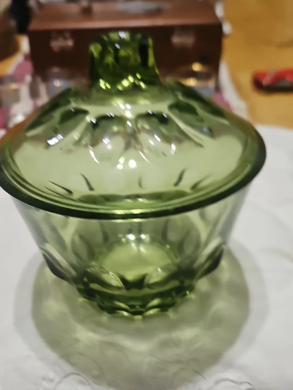Vintage Hazel Atlas 'Reflection' Avocado Green Lidded Glass Candy Dish